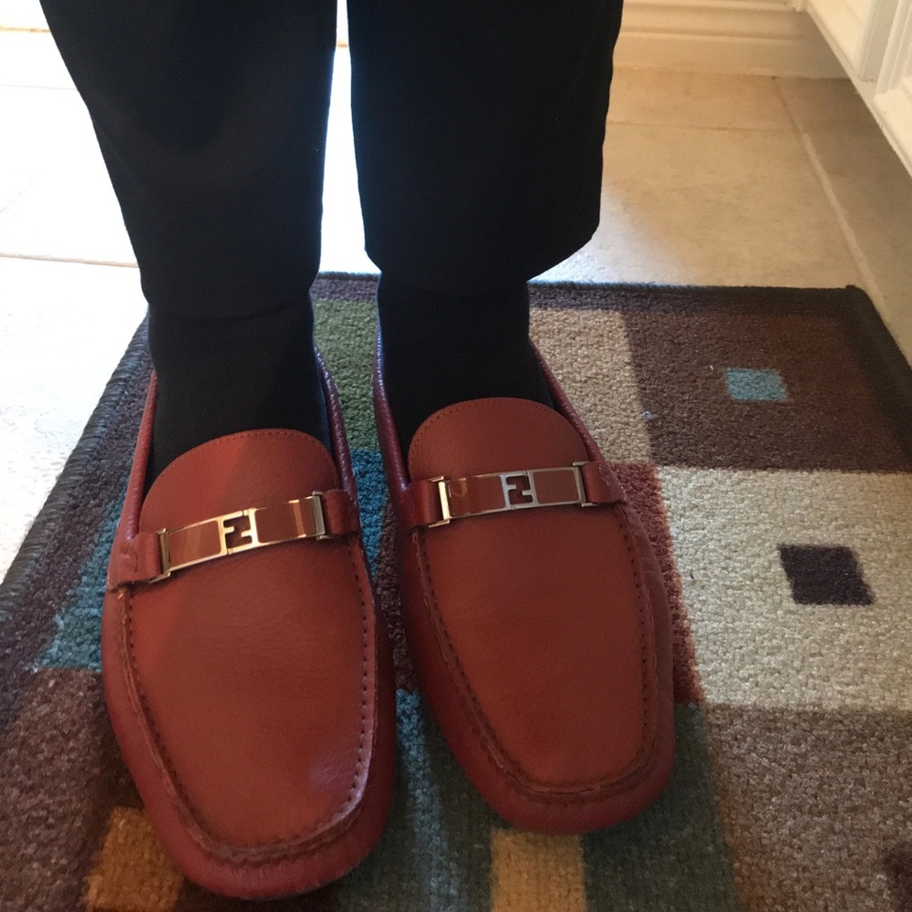 Fendi Maroon Leather Belted Slip On Loafers